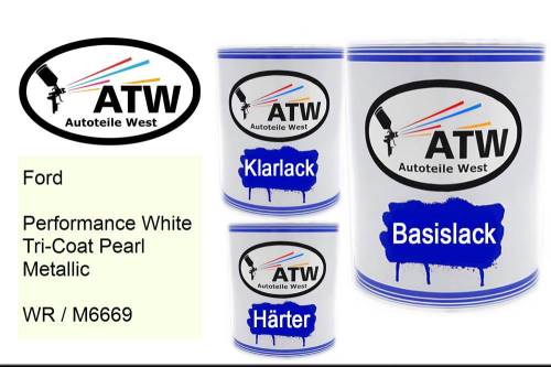 Ford, Performance White Tricoat Pearl Metallic, WR / M6669: 1L Lackdose + 1L Klarlack + 500ml Härter - Set, von ATW Autoteile West.